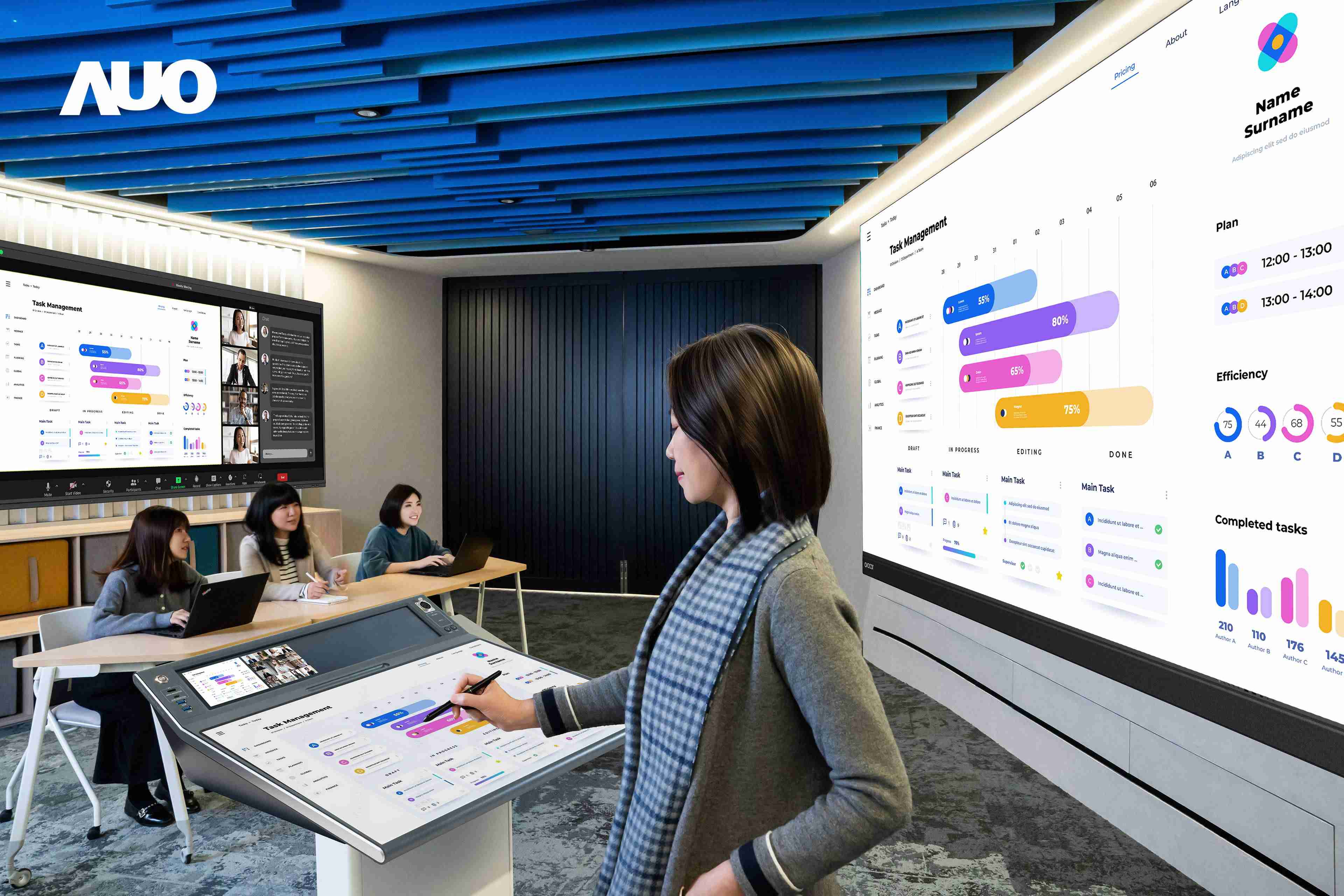 达擎携手Avocor与Rise Vision展示全方位商务领域应用，，包含采用模块化设计的138吋一体式All-in-One LED显示器及具21:9超宽比例的92吋交互式电子白板（IFPD），，，，讲者可轻松分享内容，，有效提升会议协作效率。。